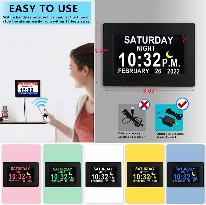 VÃ©faÃ®Ã® 2025 New, Digital Dementia Clock with Date and Time for Elderly, 10 Levels Auto Dimmer, 19 Alarms & Custom Reminders, Sun/Moon Icons, Auto DST, Large Display for Seniors- 7" with Remote - Image 3